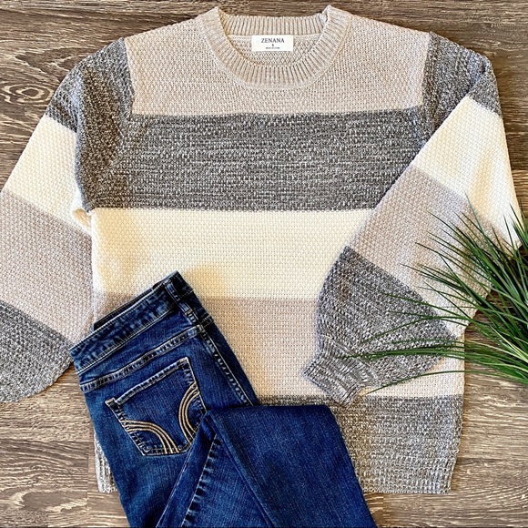 Willow Sweater- Gray Stripe- Balloon Sleeve- Multi - Picture 3 of 10